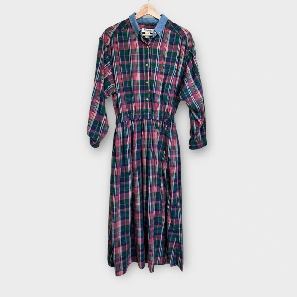 Eddie Bauer Vintage Plaid Flannel Maxi Dress – Collared Button-Down, Prairie - Picture 1 of 4